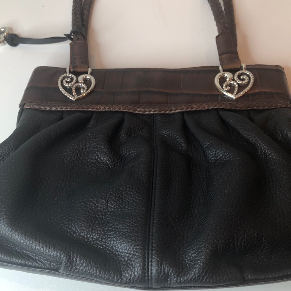 Vintage Brighton Carolyn Black Brown Leather Shoulder Bag Purse Pleated Design